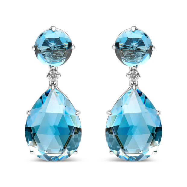 18K White Gold 1/5 Cttw Diamond with Round London Blue Topaz and 20 x 15mm Pear Cut Sky Blue Topaz Gemstone Dangle Earring (G-H Color, SI1-SI2 Clarity)