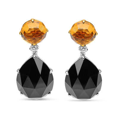 18K White and Yellow Gold 1/5 Cttw Diamond with Round Yellow Citrine and 20x15mm Pear Cut Black Onyx Gemstone Dangle Earring (G-H Color, SI1-SI2 Clarity)