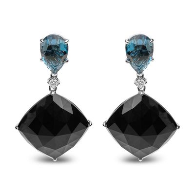18K White Gold 1/5 Cttw Diamond with  Pear Cut London Blue Topaz and Cushion Cut Black Onyx Gemstone Dangle Earring (G-H Color, SI1-SI2 Clarity)