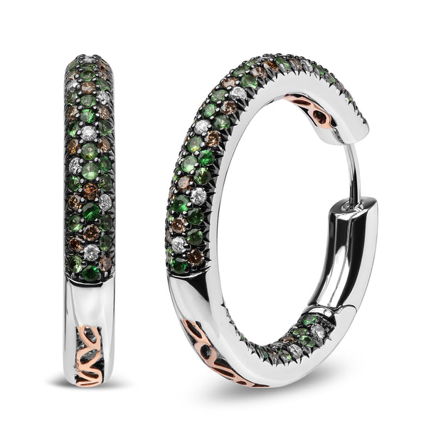 18K White Gold 1.00 Cttw Brown and White Diamond and 1.3mm Round Green Tsavorite Gemstone Inside Outside Hoop Earrings (Brown and G-H Color, SI1-SI2 Clarity)