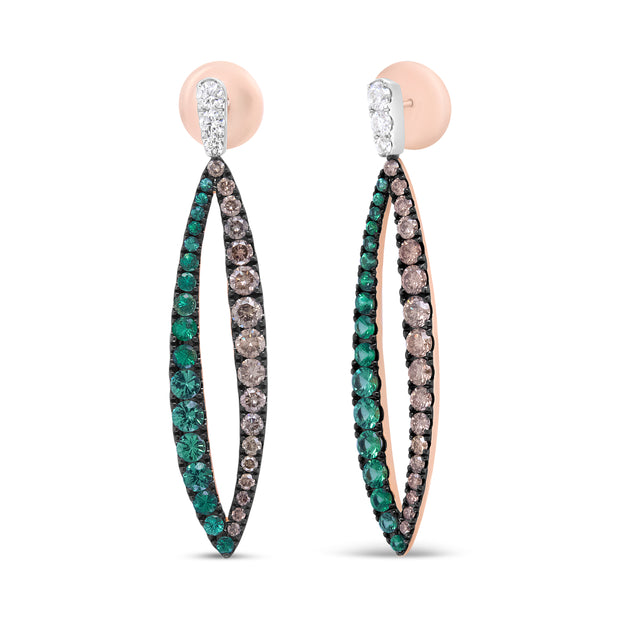 18K White and Rose Gold 4 3/4 Cttw Round Diamond and Green Tsavorite Openwork Marquise Shaped Dangle Earrings (Champagne and F-G Color, VS1-VS2 Clarity)