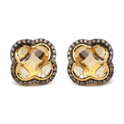 18K Yellow Gold 1/2 Cttw  Brown Diamond and 11x11mm Clover-Cut Yellow Citrine Gemstone Clover Halo Stud Earrings (Brown Color, SI1-SI2 Clarity)