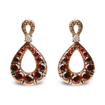 18K Rose and White Gold 1/5 Cttw White and Brown Diamond and Round Red Garnet Gemstone Openwork Teardrop Shaped Drop Earring (Brown and G-H Color, SI1-SI2 Clarity)