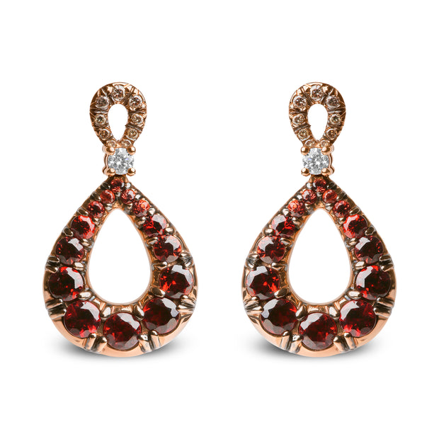 18K Rose and White Gold 1/5 Cttw White and Brown Diamond and Round Red Garnet Gemstone Openwork Teardrop Shaped Drop Earring (Brown and G-H Color, SI1-SI2 Clarity)