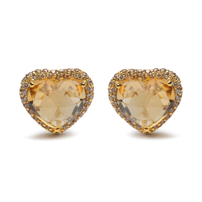 18K Yellow Gold 2/3 Cttw Brown Diamonds and 11x11mm Heart-Cut Yellow Citrine Gemstone Halo Heart Stud Earrings (Brown Color, SI1-SI2 Clarity)