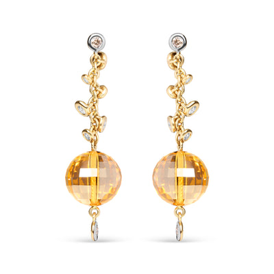 18K Yellow Gold 2/3 Cttw Round Bezel Diamond and 25mm Ball Shaped Yellow Citrine Gemstone Dangle Stud Earring (Brown and G-H Color, SI1-SI2 Clarity)