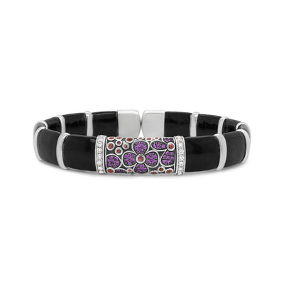 .925 Sterling Silver Black and Brown Enamel 1/3 Cttw Round Diamonds and Pink and Orange Sapphire Gemstones Floral Statement Bangle Bracelet (F-G Color, VS1-VS2 Clarity) - Size 7.75"