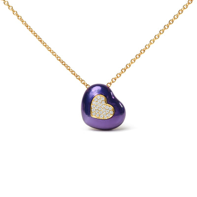 18K Yellow Gold Blue Enamel 1/10 Cttw Round Pave Diamonds Heart Shape 18" Pendant Necklace  (G-H Color, SI1-SI2 Clarity) - Adjustable up to 16" - 18"