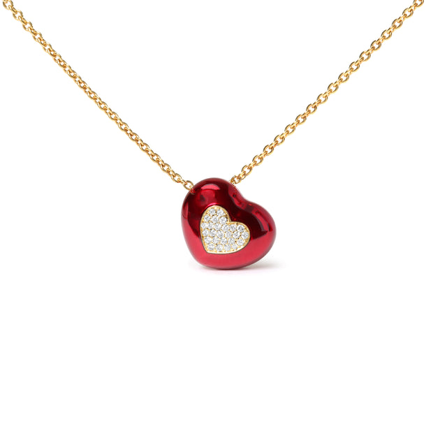 18K Yellow Gold Red Enamel 1/10 Cttw Pave Set Diamonds Heart Shape 18" Pendant Necklace (G-H Color, SI1-SI2 Clarity)  - Adjustable up to 16" - 18"
