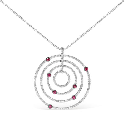 18K White Gold 2 1/6 Cttw Pave Set Diamonds and Red Ruby Openwork Circles 18" Pendant Necklace  (G-H Color, SI2-I1 Clarity) - Adjustable up to 16" - 18"
