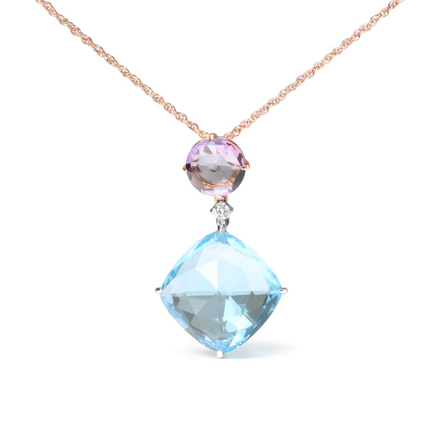 18K White and Rose Gold Round Diamond Accent and Round Rose De France Pink Amethyst and Cushion Cut Sky Blue Topaz Dangle Drop 18" Pendant Necklace (G-H Color, SI1-SI2 Clarity)