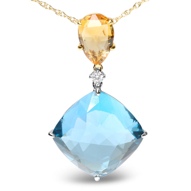 18K White and Yellow Gold Diamond Accent and Pear Cut Lemon Quartz and Cushion Cut London Blue Topaz Gemstone Dangle Drop 18" Pendant Necklace (G-H Color, SI1-SI2 Clarity)