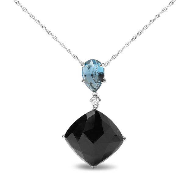 18K White Gold Diamond Accent and Pear Cut London Blue Topaz and Cushion Cut Black Onyx Dangle Drop 18" Pendant Necklace (G-H Color, SI1-SI2 Clarity)