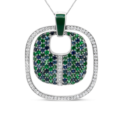 .925 Sterling Silver Green Enamel Pendant with 1/2 Cttw Diamond, Sapphire, and Tsavorite Openwork Statement 18" Pendant Necklace (F-G Color, VS1-VS2 Clarity)