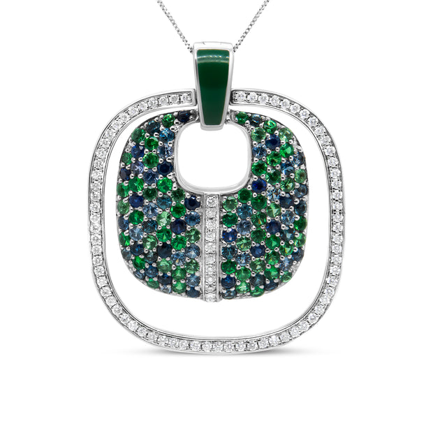 .925 Sterling Silver Green Enamel Pendant with 1/2 Cttw Diamond, Sapphire, and Tsavorite Openwork Statement 18" Pendant Necklace (F-G Color, VS1-VS2 Clarity)
