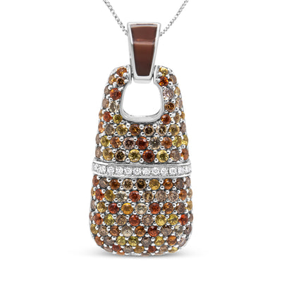 .925 Sterling Silver Brown Enamel 1 Cttw White and Brown Diamonds and  1.5mm Yellow and Orange Sapphire Gemstones Statement 18" Pendant Necklace (Brown and F-G Color, VS1-VS2 Clarity)
