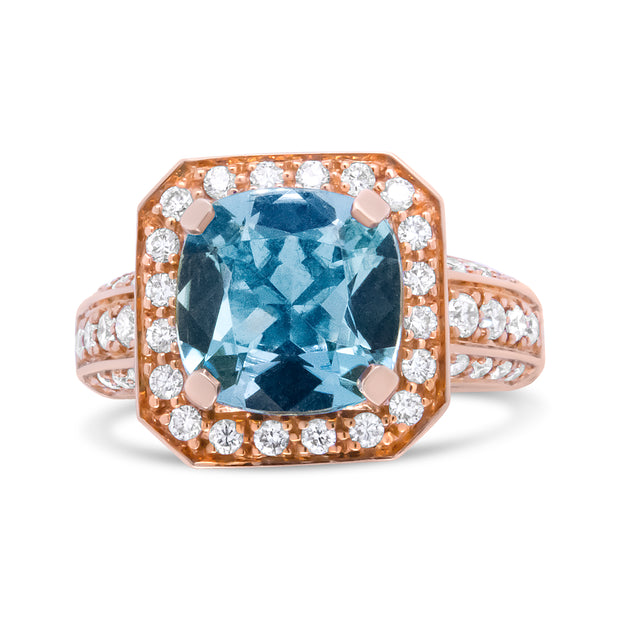 American Jewelry | 18K Rose Gold 10x10mm Cushion Shaped Aquamarine and 1 1/8 Cttw Round Diamond Halo Ring (F-G Color, VS1-VS2 Clarity) - Ring Size 6.5