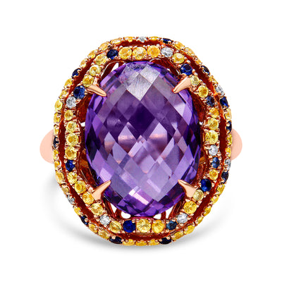 18K Yellow and Rose Gold Claw Prong Set Checkerboard Cut Purple Amethyst, Blue & Yellow Sapphire, Diamond Accent Cocktail Ring Band (F-G Color, VS1-VS2 Clarity) - Ring Size 7