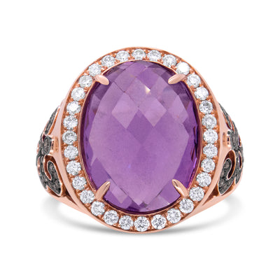 18K Rose Gold 18x13 MM Oval Cut Purplse Amethyst and 1.00 Cttw Diamond Cocktail Ring (Champagne and F-G Color, VS1-VS2 Clarity) - Ring Size 6.5