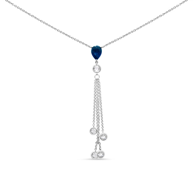 18K White Gold 3/8 Cttw Round Diamond and 8x6mm Blue Sapphire Waterfall Dangle 18" Y Necklace (F-G Color, VS2-SI1 Clarity)