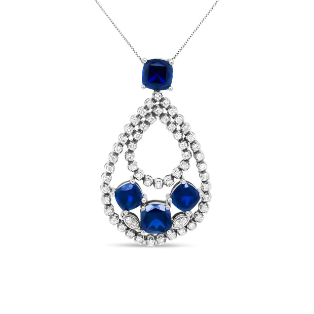 18K White Gold 1.00 Cttw Diamond and Blue Cushion-Shape Sapphire Openwork Teardrop Shape 18" Pendant Necklace (G-H Color, I1-I2 Clarity)