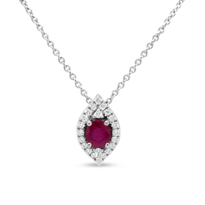18K White Gold 5x4MM Red Ruby and 1/7 Cttw Diamond Halo Leaf 18" Pendant Necklace (G-H Color, SI1-SI2 Clarity)