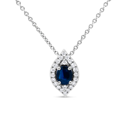 18K White Gold 1/7 Cttw Round Diamond and 5x4mm Oval Blue Sapphire Marquise-Shaped Halo Leaf 18" Pendant Necklace (G-H Color, SI1-SI2 Clarity)