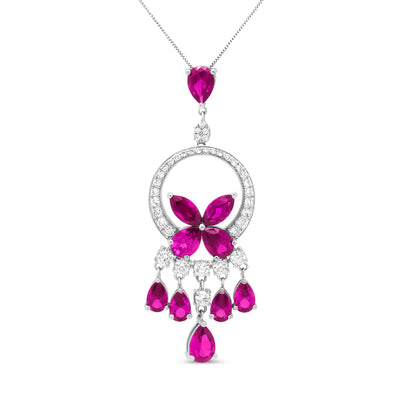 18K White Gold 1.00 Cttw Round Diamond and Red Ruby Openwork Floral Chandelier Drop 18" Pendant Necklace (F-G Color, SI1-SI2 Clarity)