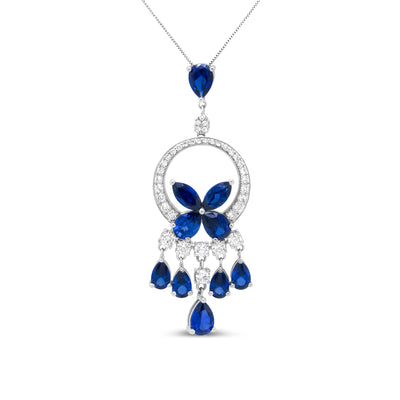 18K White Gold 1.00 Cttw Diamond and Blue Sapphire Openwork Chandelier Cascade 18" Pendant Necklace (F-G Color, SI Clarity)