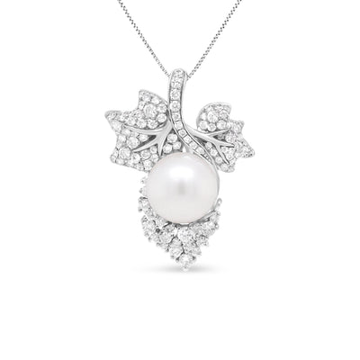 18K White Gold 10 MM Cultured Pearl and 7/8 Cttw Diamond Floral Leaf 18" Pendant Necklace (F-G Color, SI1-SI2 Clarity)