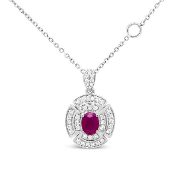 18K White Gold 1/5 Cttw Round Diamond and 5x3.5mm Red Ruby Double Halo 18" Pendant Necklace (G-H Color, I1-I2 Clarity)
