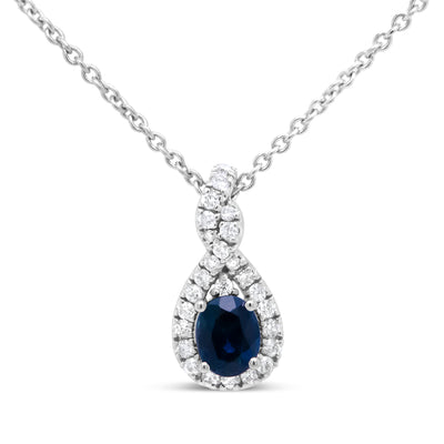 18K White Gold 1/7 Cttw Diamond and 4.5x3.5mm Oval Blue Sapphire Teardrop-Shaped 18" Pendant Necklace (G-H Color, SI1-SI2 Clarity)