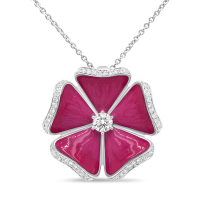 18K White Gold Red Enamel 1/2 Cttw Round Diamond Flower Blossom 18" Pendant Necklace (G-H Color, SI1-SI2 Clarity)