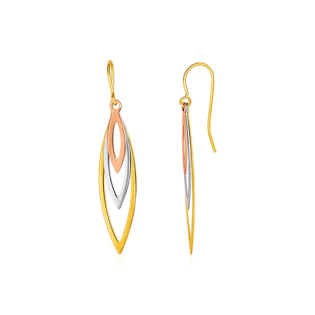 Tri-Tone Graduated Open Marquise Earrings in 10k Yellow,  White,  and Rose Gold