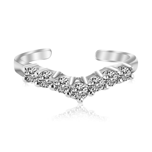 Sterling Silver Rhodium Finished V Shape Toe Ring with Cubic Zirconia Accents