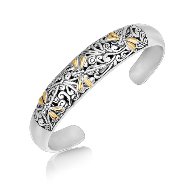 18k Yellow Gold and Sterling Silver Cuff Bangle with Dragonfly and Flourishes
