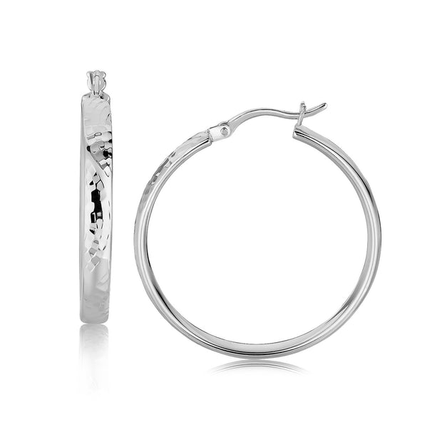Sterling Silver Hammered Style Hoop Earrings with Rhodium Plating (30mm)