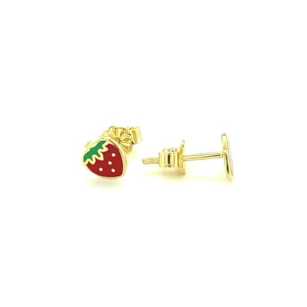 14k Yellow Gold Enameled Strawberry Childrens Earrings