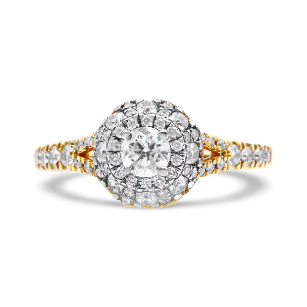 14K Yellow and White Gold 1.00 Cttw Split Shank Halo Floral Diamond Engagement Ring ( I-J Color, I1-I2 Clarity) - Size 7