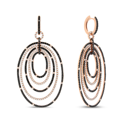 18K Rose Gold 5.00 Cttw Round Black and White Diamond Graduated Hoop Dangle Earrings (Black and F-G Color, VS1-VS2 Clarity)