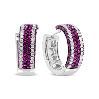 18K White Gold 1 7/8 Cttw Diamond and 1mm Round Red Ruby Open Swish Hoop Earrings (F-G Color, VS1-VS2 Clarity)