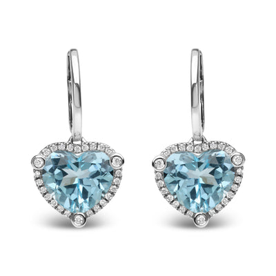 18K White Gold 1/4 Cttw Round Diamond and 10mm Heart Shape Sky Blue Topaz Gemstone Halo Heart Dangle Hoop Earrings (G-H Color, SI1-SI2 Clarity)