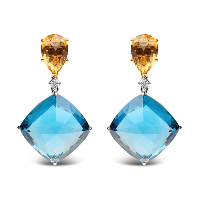 18K White and Yellow Gold 1/6 Cttw Diamond with Pear Cut Yellow Citrine and 20mm Cushion Cut Blue Topaz Gemstone Dangle Earrings (G-H Color, SI1-SI2 Clarity)
