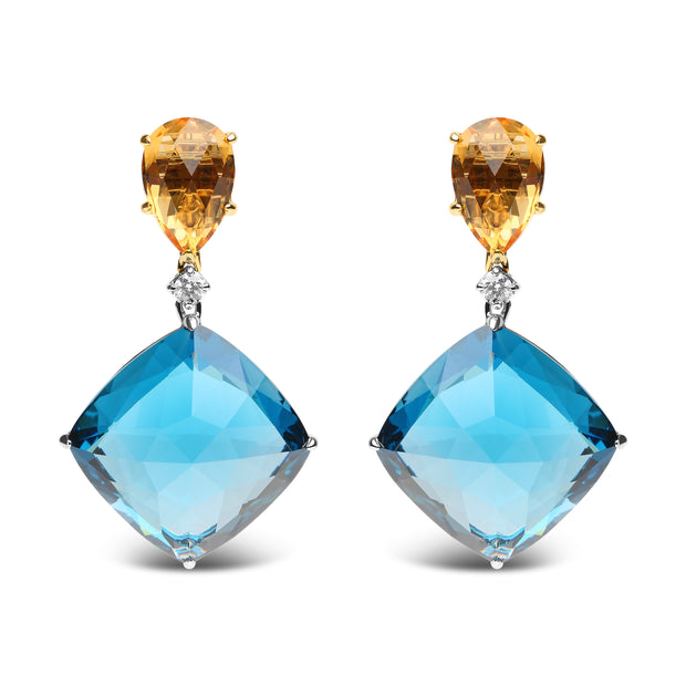 18K White and Yellow Gold 1/6 Cttw Diamond with Pear Cut Yellow Citrine and 20mm Cushion Cut Blue Topaz Gemstone Dangle Earrings (G-H Color, SI1-SI2 Clarity)