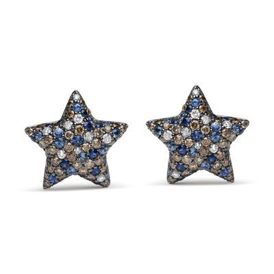Black Rhodium Plated 18K White Gold 1.00 Cttw Diamond and Round Blue Sapphire Gemstone Micro-Pave Star Stud Earrings (Brown and G-H Color, SI1-SI2 Clarity)