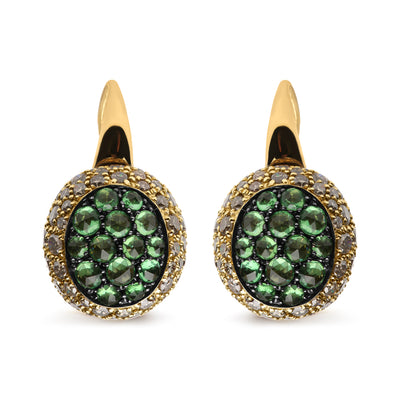 18K Yellow Gold 3 1/2 Cttw Diamond and Round Green Tsavorite Gemstone Round Domed Drop Hoop Earrings (Brown Color, SI1-SI2 Clarity)