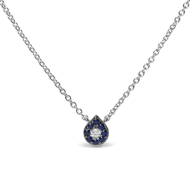 18K White Gold Diamond Accent and 1mm Round Blue Sapphire Gemstone Halo Teardrop Pendant Necklace (G-H Color, SI1-SI2 Clarity)  - Adjustable up to 15.5" - 17"