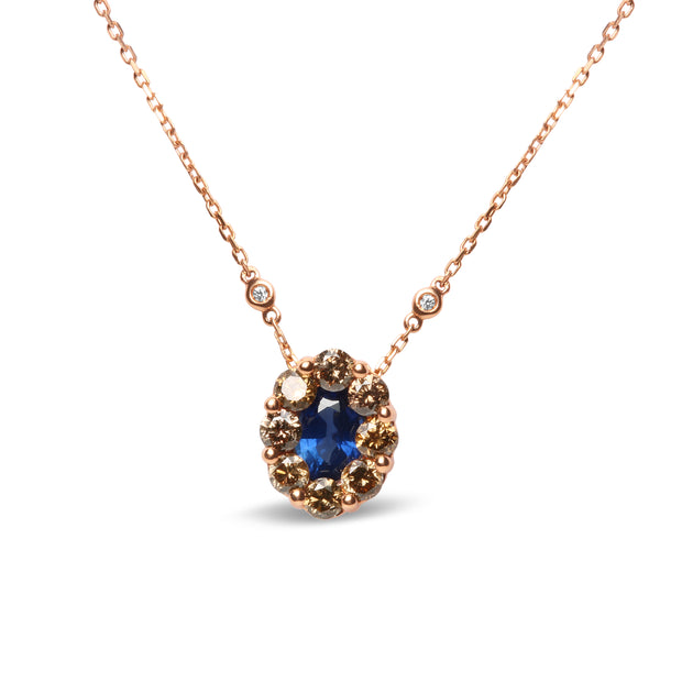 18K Rose Gold 5/8 Cttw White and Brown Diamond Accent and 7 x 4mm Oval Blue Sapphire Gemstone Statement Halo Cluster Pendant Necklace (Brown and G-H Color, SI1-SI2 Clarity) - Adjustable up to 16" - 18"