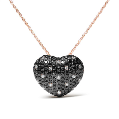18K Rose Gold 1 1/4 Cttw Black and White Pave Set Diamond Heart Shape 18" Pendant Necklace (Black and G-H Color, SI1-SI2 Clarity)
