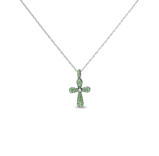 Black Rhodium Plated 18K White Gold Diamond Accent and Green Tsavorite Gemstone Cross 18" Pendant Necklace (G-H Color, SI1-SI2 Clarity)